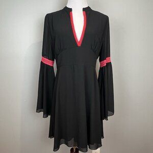 Vintage Y2K Goth Dress Size Large Bell Sleeves Mini Babydoll Black Plunge